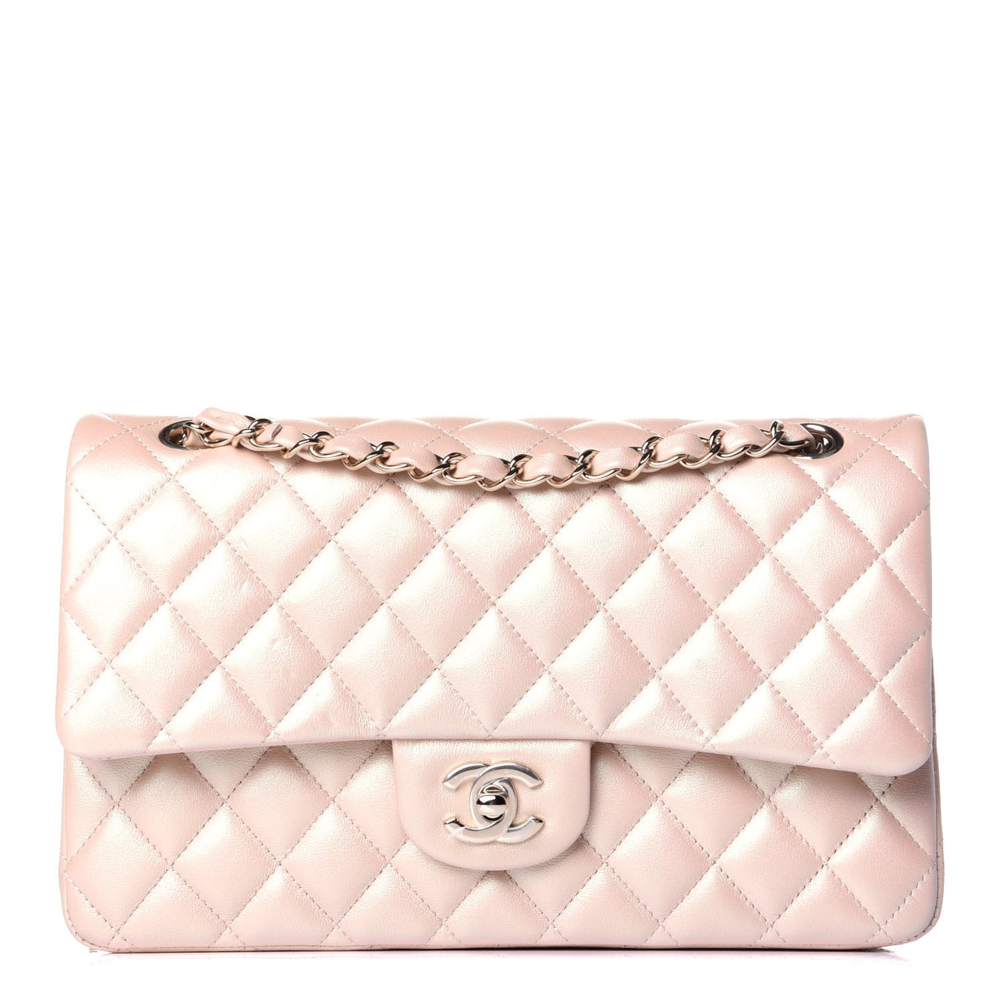 Iridescent Calfskin Quilted Medium Double Flap Beige