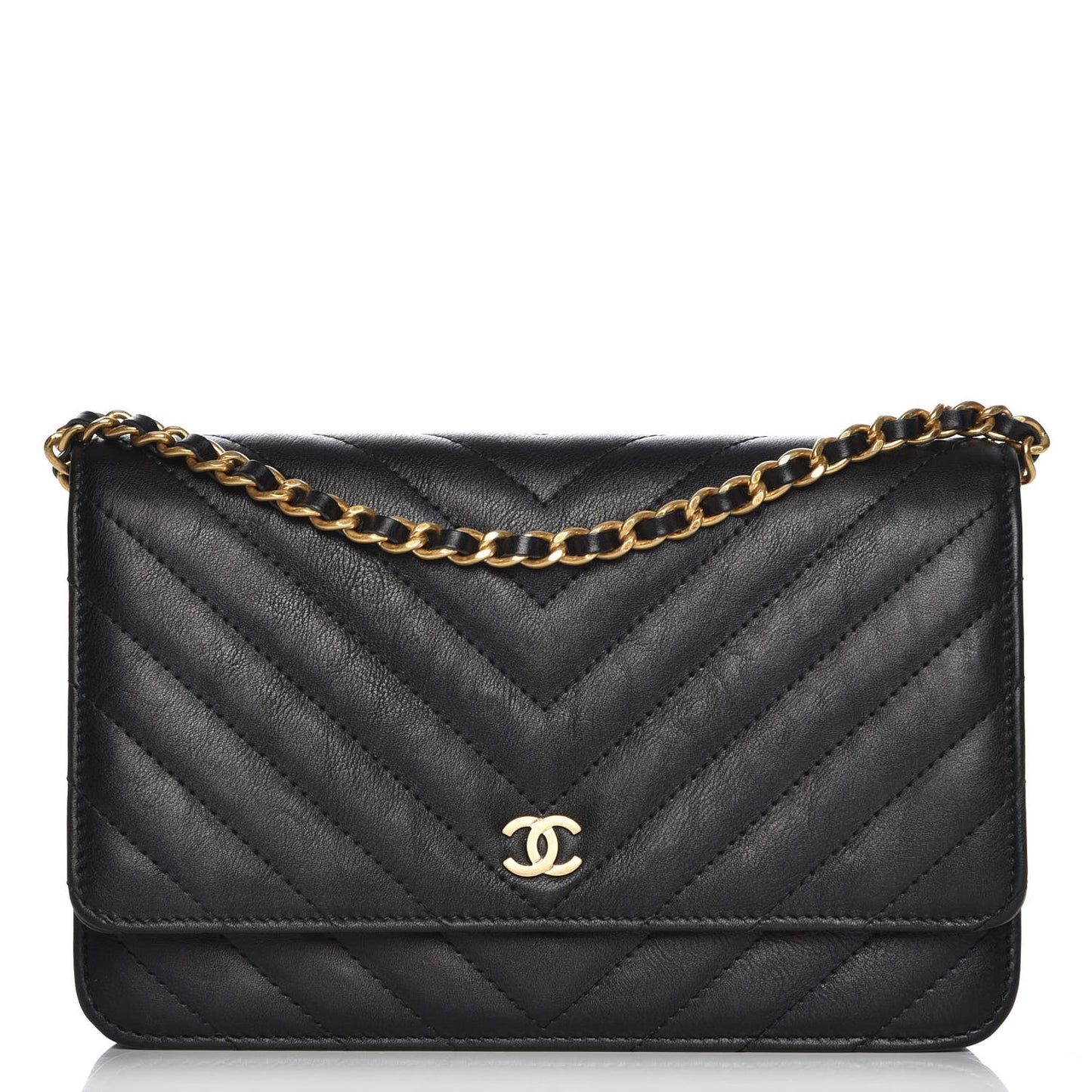 Calfskin Chevron Quilted Wallet On Chain WOC Black