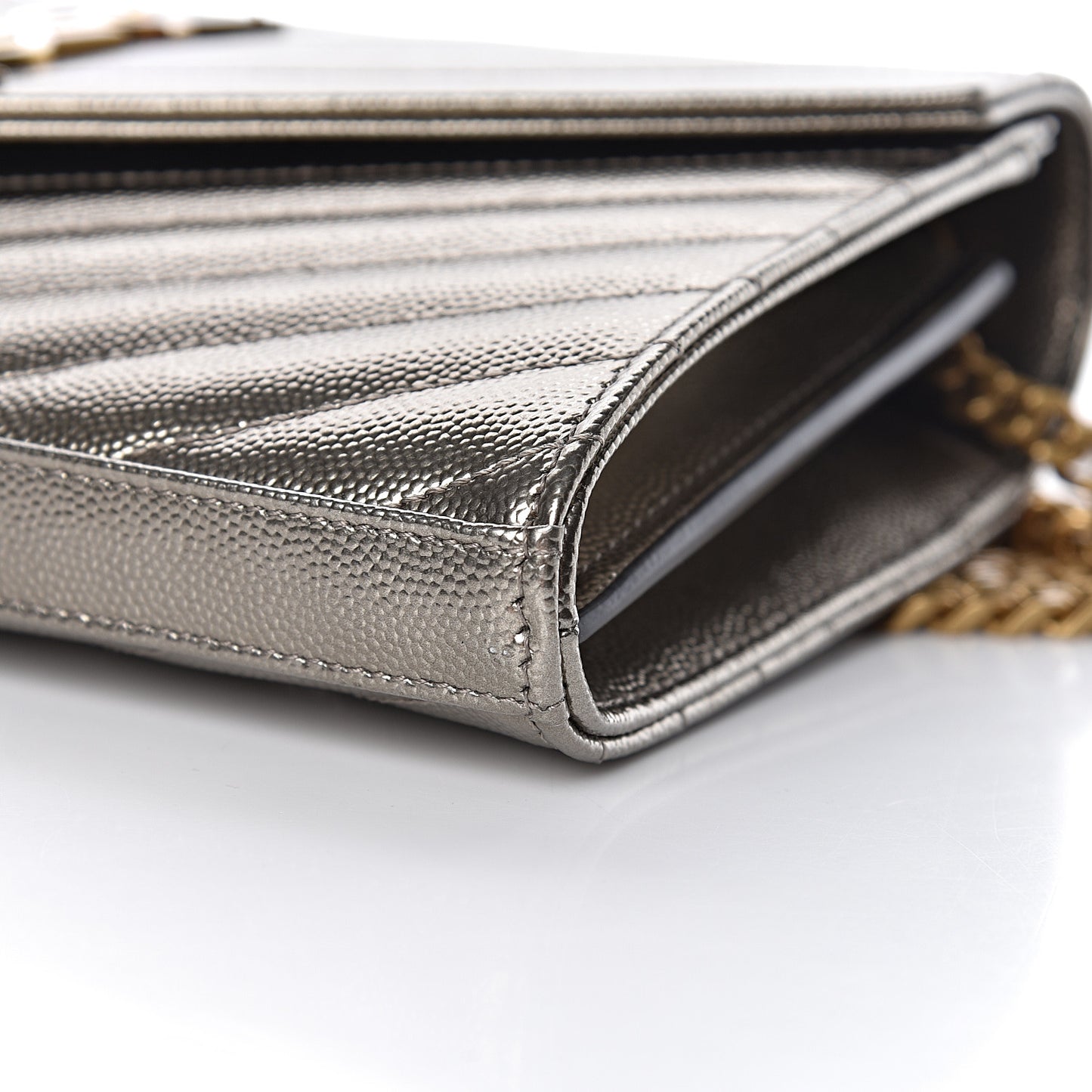 Iridescent Grain De Poudre Matelasse Chevron Monogram Chain Wallet Gold