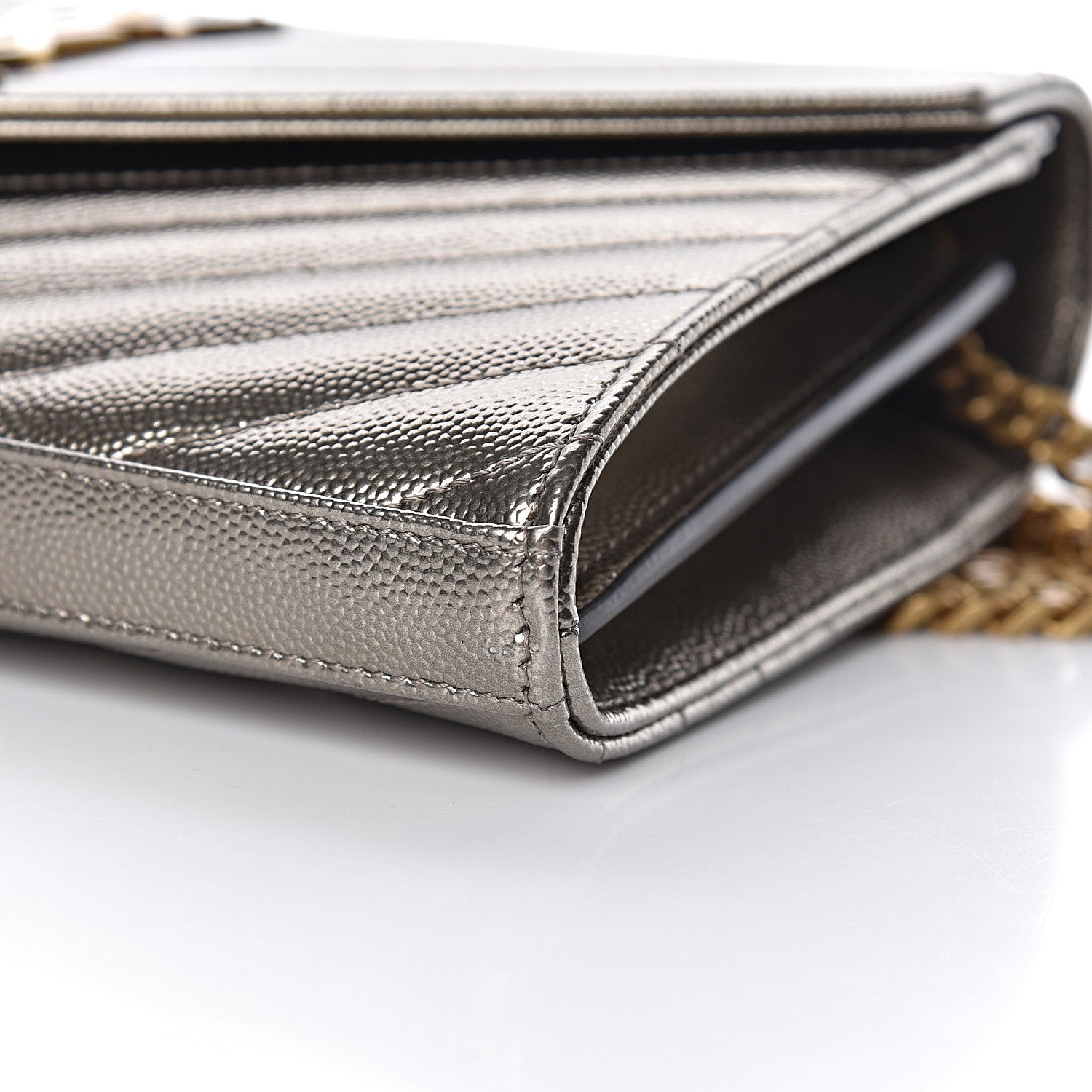 Saint Laurent Iridescent Grain De Poudre Matelasse Chevron Monogram Chain Wallet Gold 9 of 11