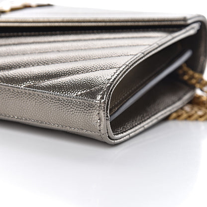 Saint Laurent Iridescent Grain De Poudre Matelasse Chevron Monogram Chain Wallet Gold 9 of 11