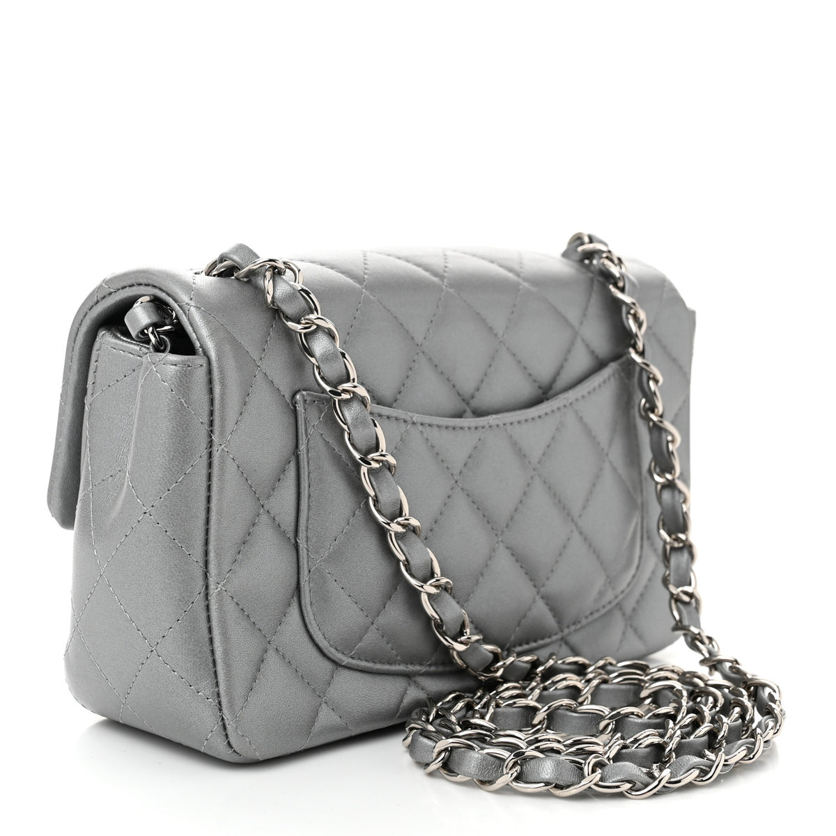 Metallic Lambskin Quilted Mini Rectangular Flap Silver