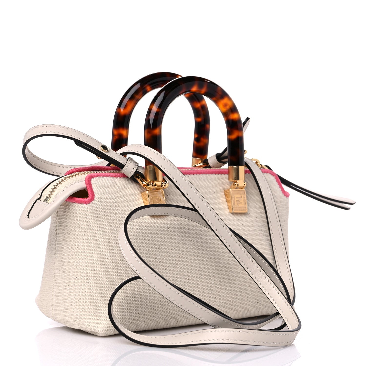 Fendi Canvas Vitello King Plexiglass Logo Embroidered Mini By The Way Top Handle Boston Bag Grezzo Pink Dalia 3 of 10