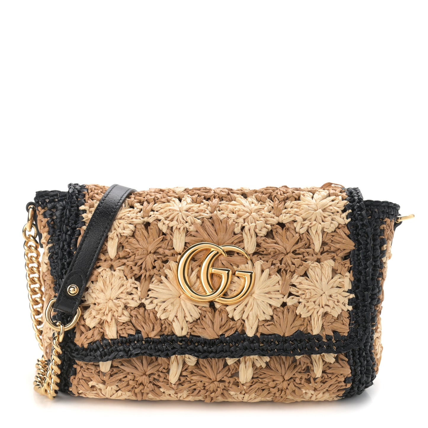 Raffia Azalea Calfskin Crochet Flower Small GG Marmont Shoulder Bag Natural Ecru Black