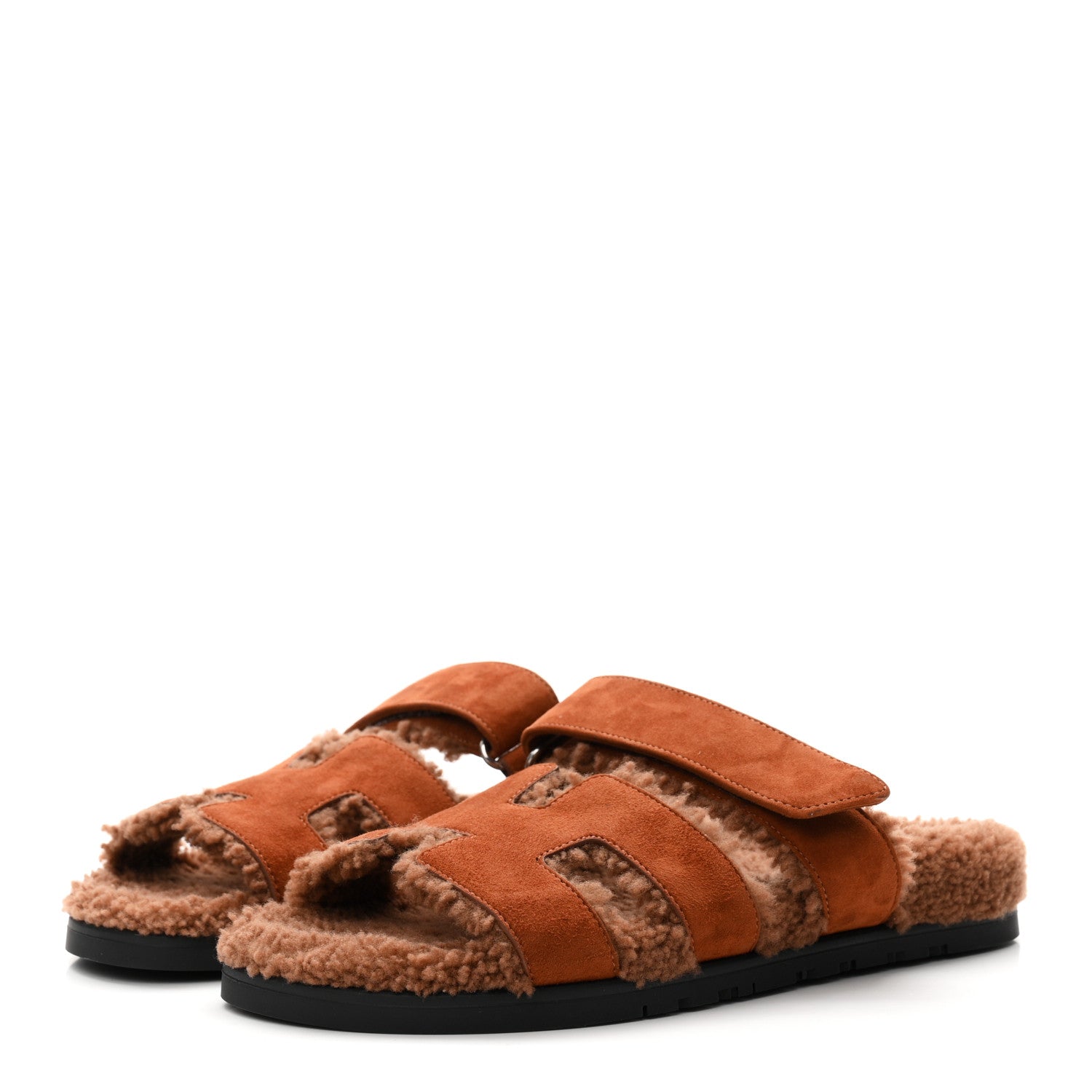 Hermes Suede Goatskin Shearling Womens Chypre Sandals 39 Gold 4 of 8