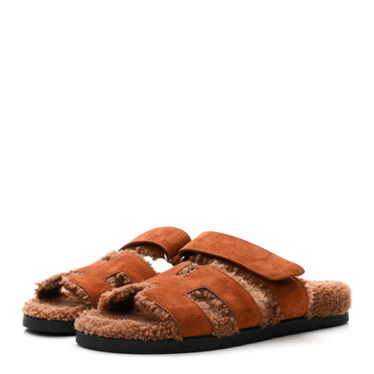 Hermes Suede Goatskin Shearling Womens Chypre Sandals 39 Gold 4 of 8