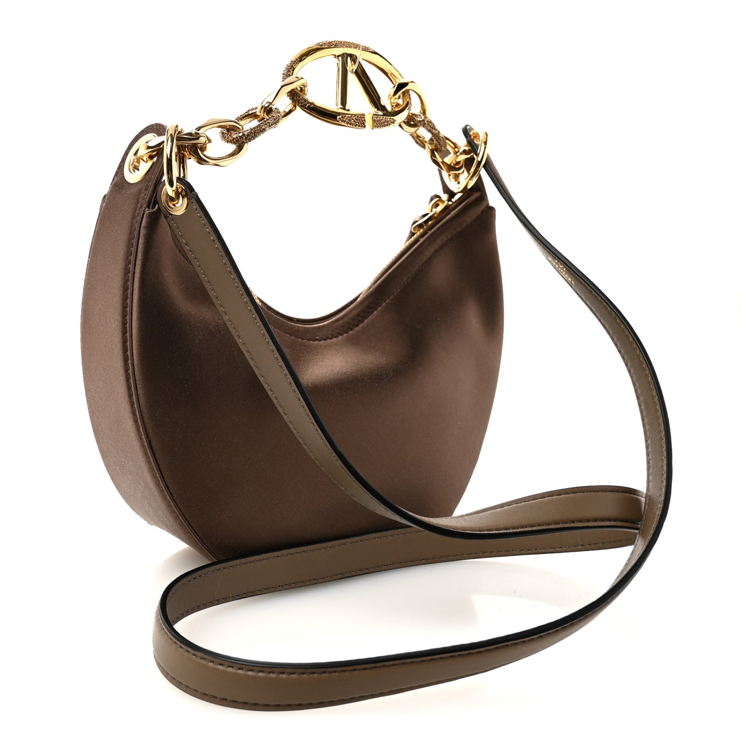 Satin Crystal Mini Vlogo Moon Bag Brown
