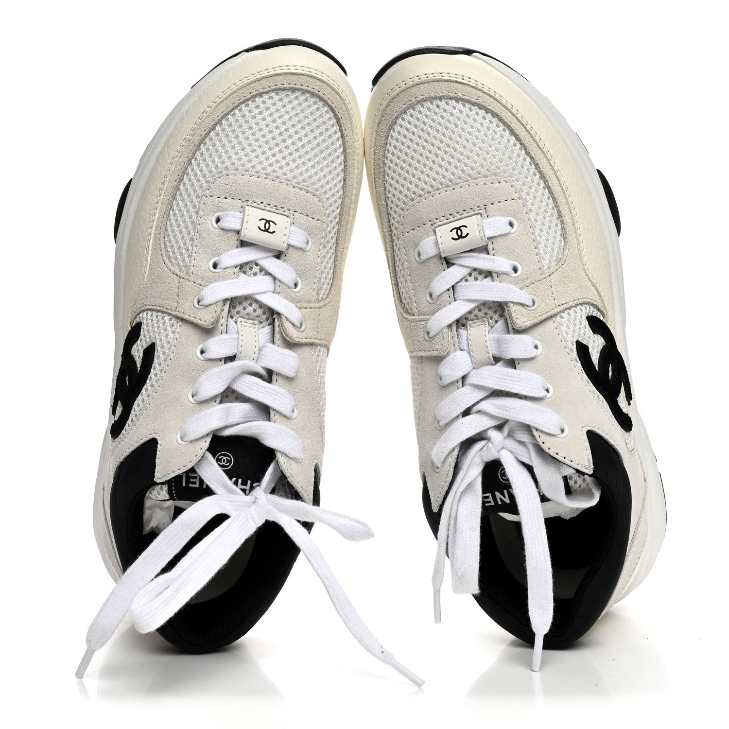 Chanel Mesh Suede Grained Calfskin Womens CC Sneakers 39 White Black 2 of 9