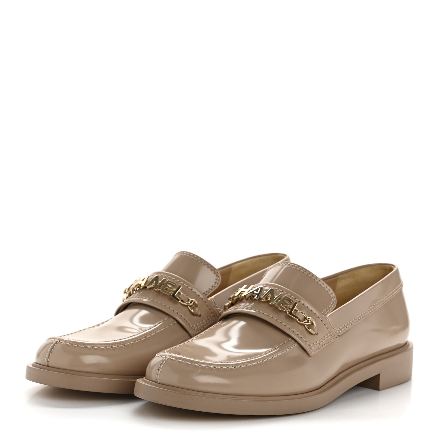 Shiny Calfskin Logo Loafers 40 Beige