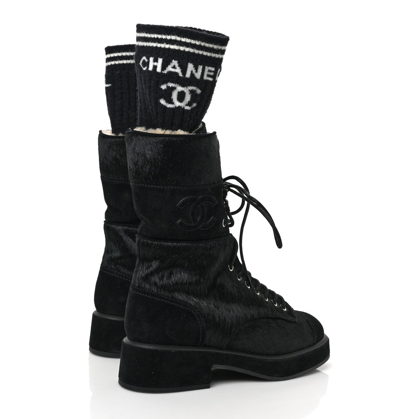 Suede Pony Hair Shearling Lace Up Combat Boots 38.5 Black White