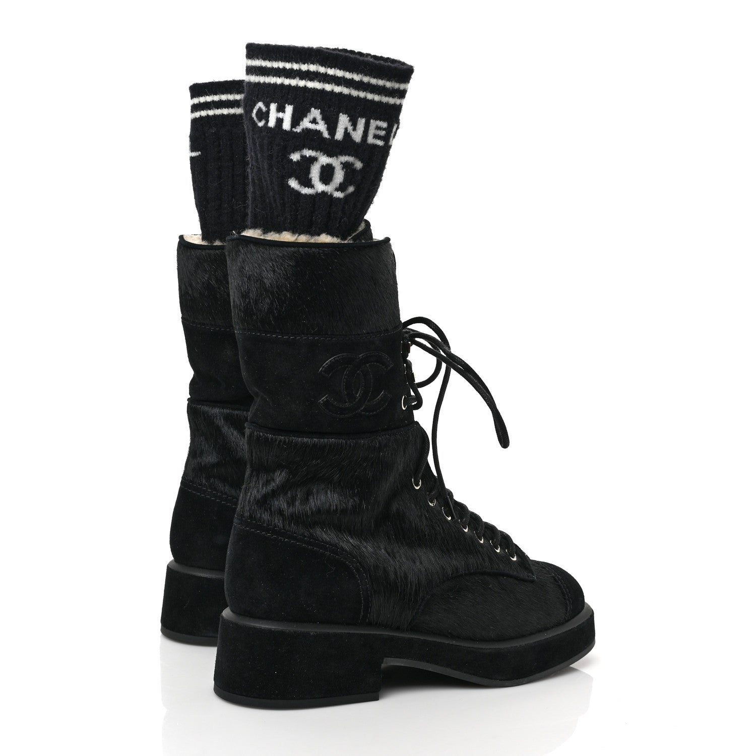 Chanel Suede Pony Hair Shearling Lace Up Combat Boots 38.5 Black White 4 of 7