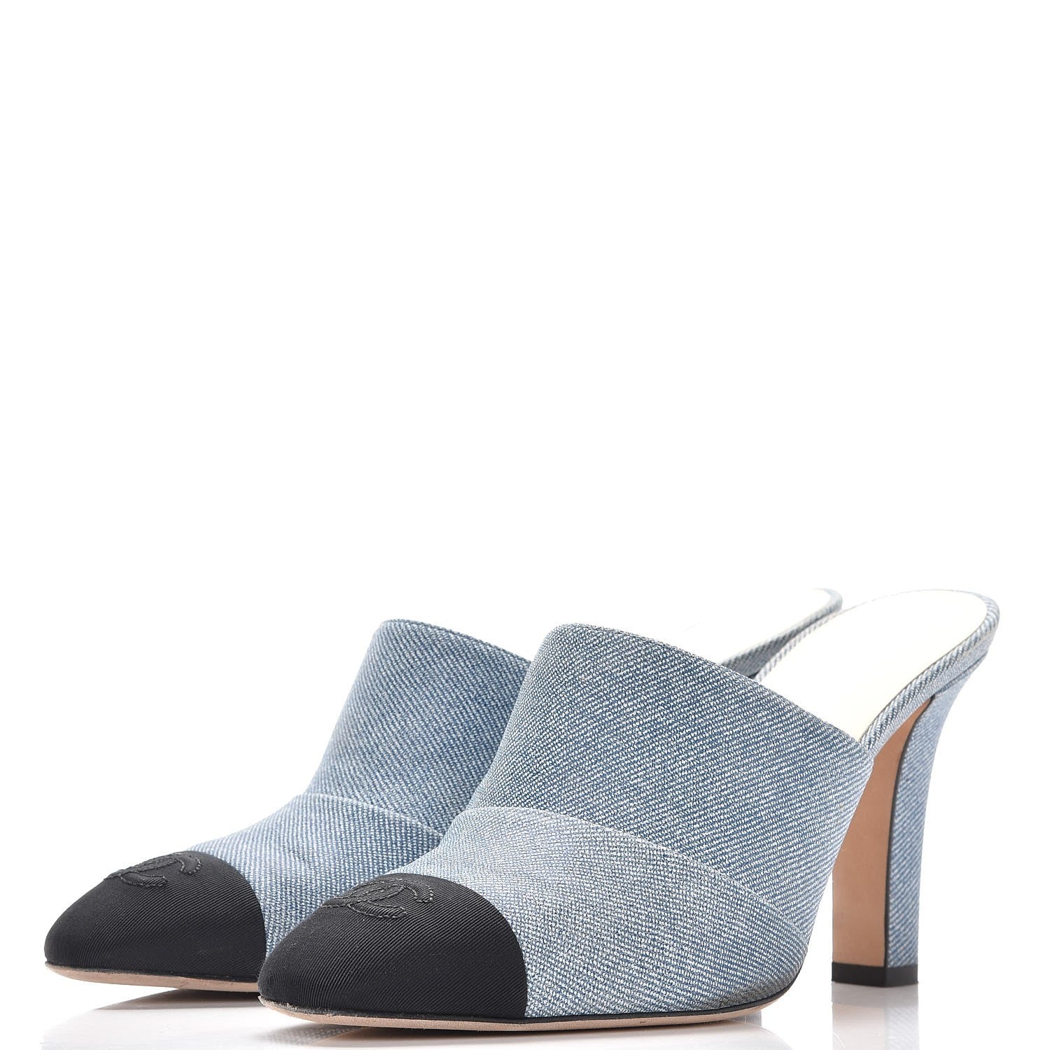 Chanel Printed Lambskin Grosgrain Cap Toe CC Mules 39 Blue Black 3 of 13