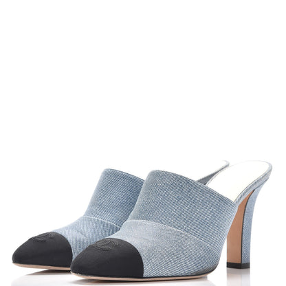Chanel Printed Lambskin Grosgrain Cap Toe CC Mules 39 Blue Black 3 of 13