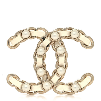 Chanel Lambskin Pearl Chain CC Brooch Gold White 2 of 4