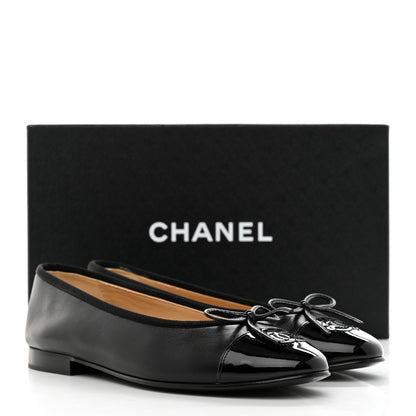 Chanel Lambskin Patent Cap Toe CC Ballerina Flats 37 Black 9 of 9