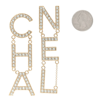 Chanel Crystal Cha-Nel Logo Drop Earrings Gold 2 of 5