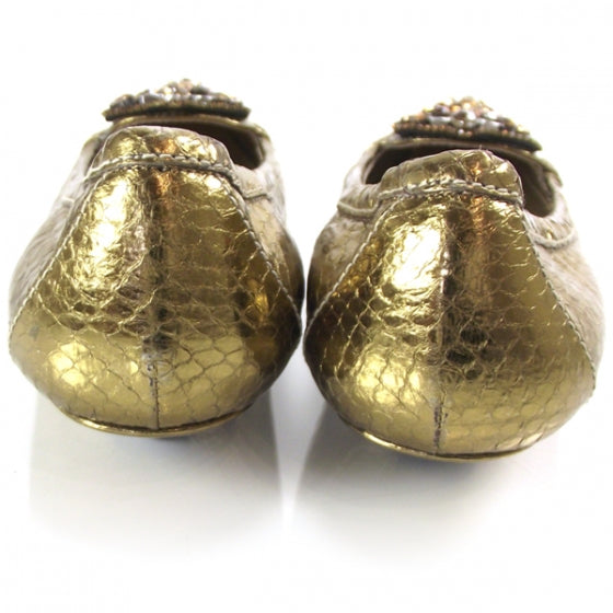 Snakeskin Jeweled Loafers 38 Gold