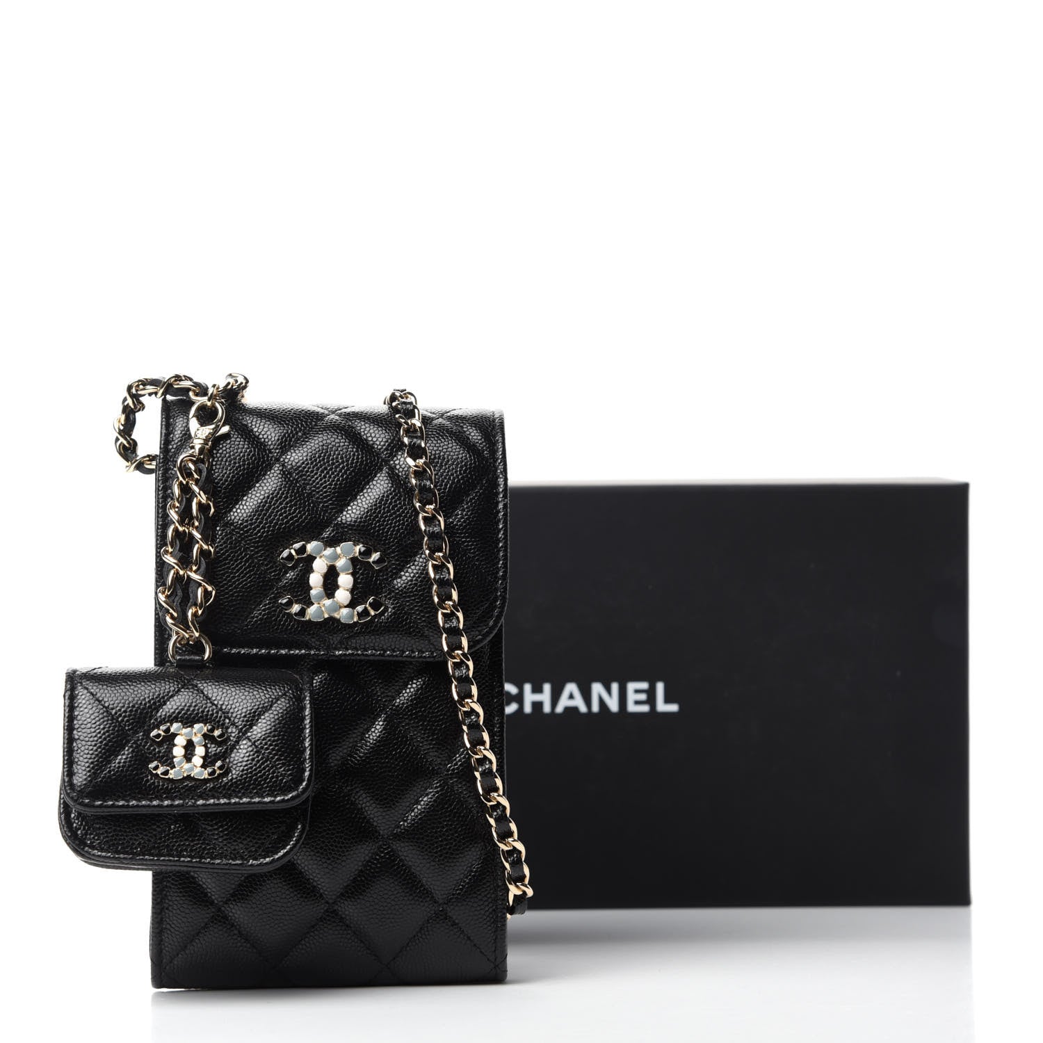 Chanel Caviar Quilted Crystal CC Airpods Pro and Phone Case With Chain Black 13 of 13