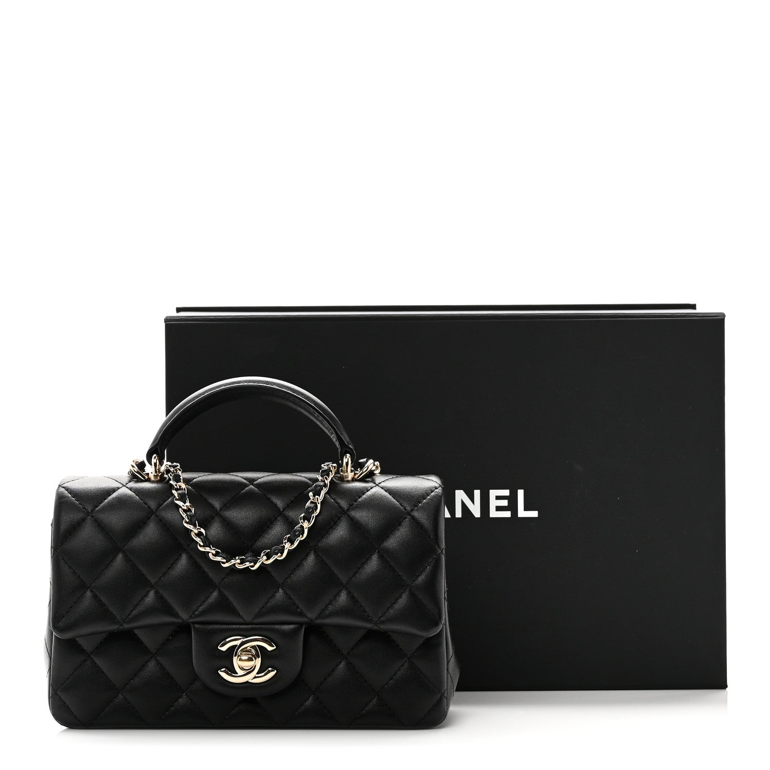 Chanel Lambskin Quilted Mini Top Handle Rectangular Flap Black