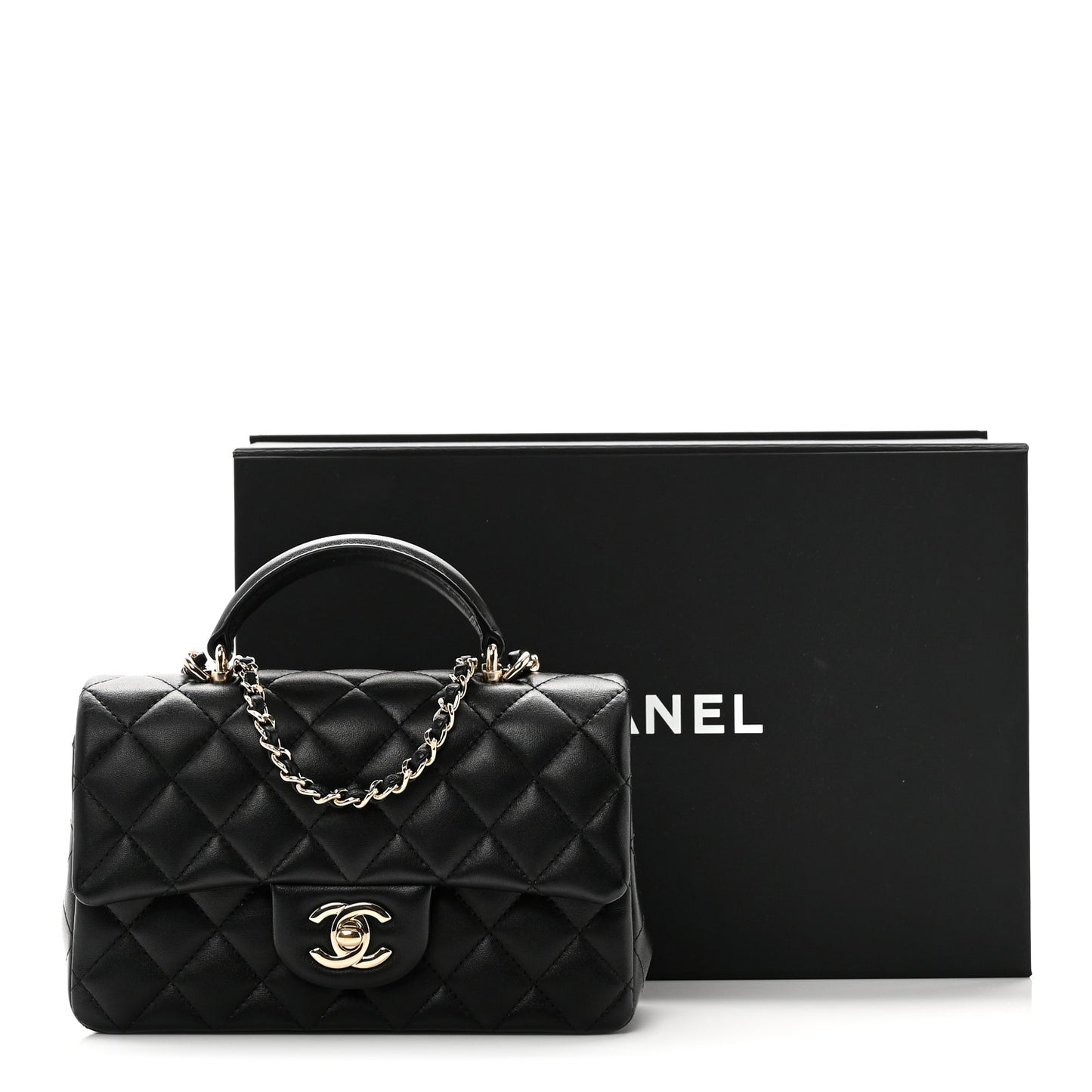 Lambskin Quilted Mini Top Handle Rectangular Flap Black