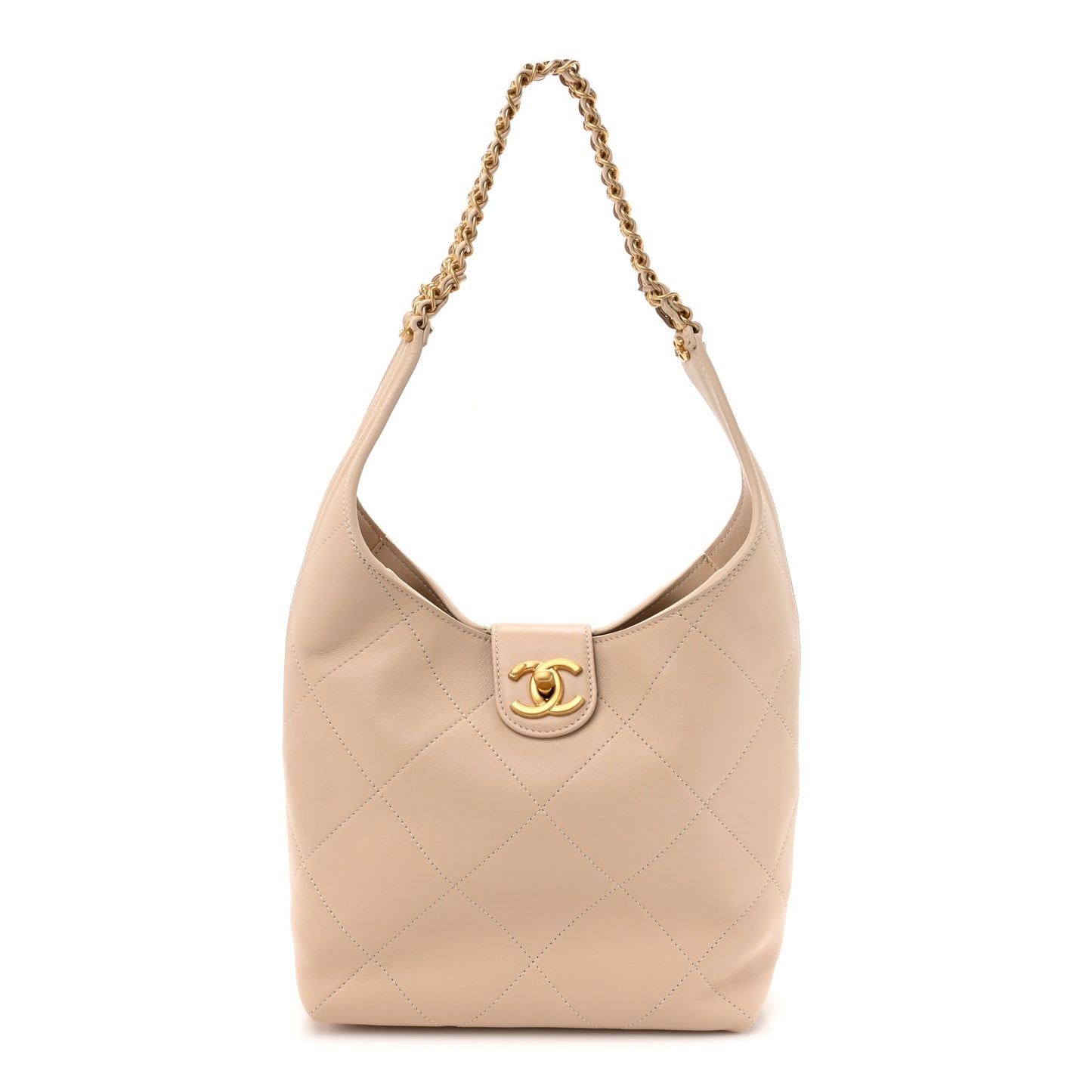Shiny Lambskin Quilted Small Hobo Beige
