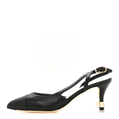 Chanel Lambskin Satin Cap Toe CC Slingback Heels 35.5 Black 1 of 9