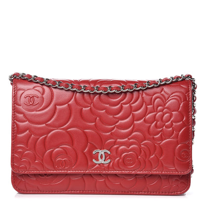 Chanel Lambskin Camellia Embossed Wallet On Chain WOC Red 1 of 10