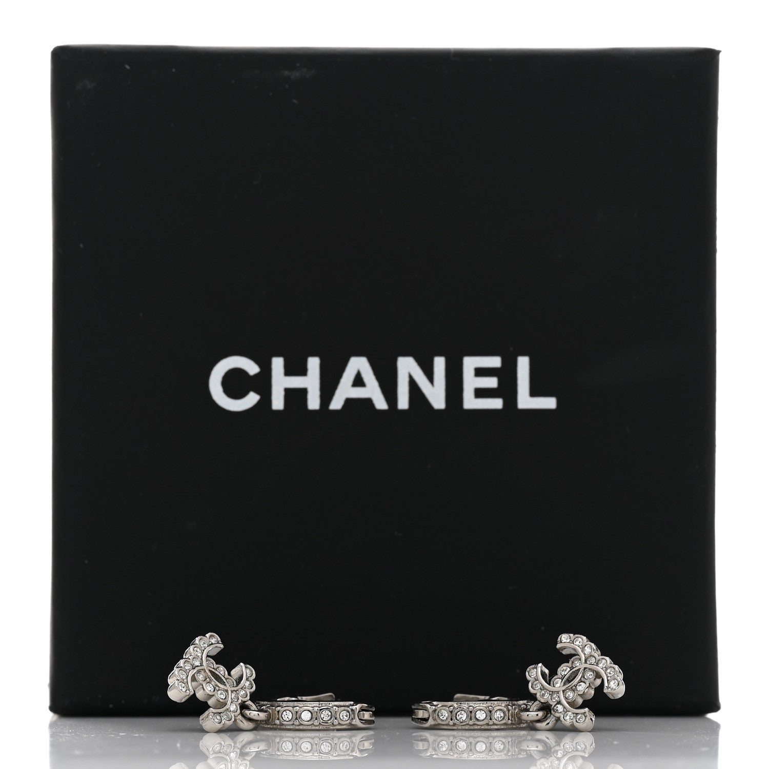 Chanel Metal Crystal CC Hoop Drop Earrings Silver 5 of 5