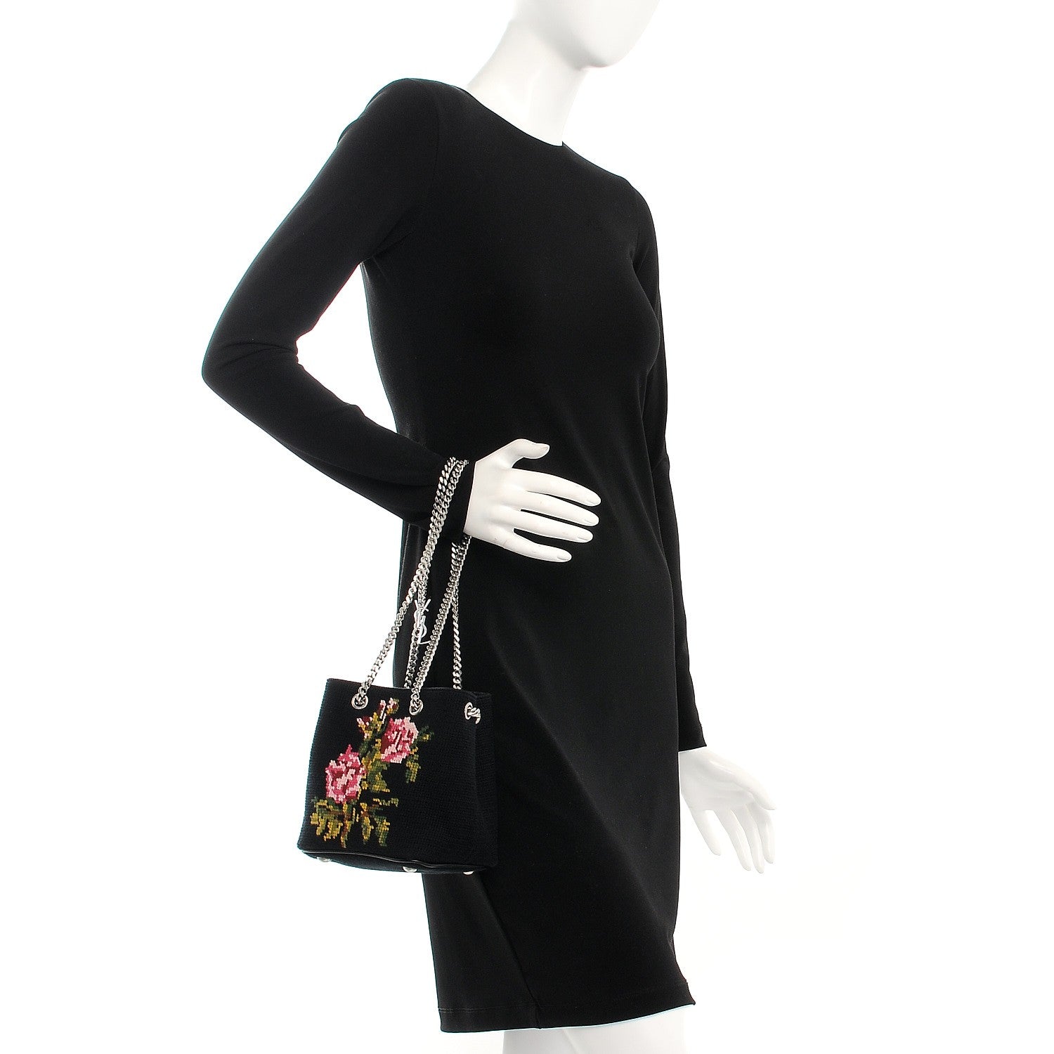 Saint Laurent Woven Wool Embroidered Baby Emmanuelle Bucket Bag Black 2 of 9