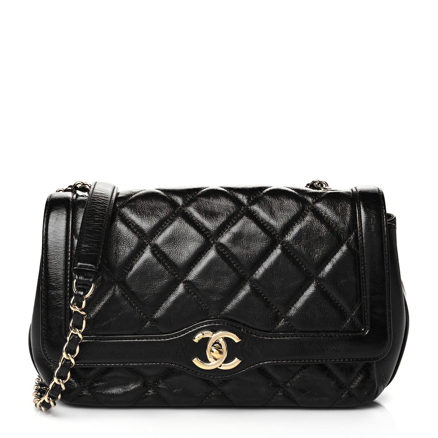 Crumpled Glazed Lambskin Quilted Small Flap Black