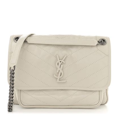 Saint Laurent Crinkled Calfskin Matelasse Monogram Medium Niki Chain Satchel Ivory 1 of 12