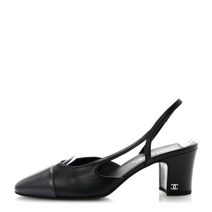 Chanel Lambskin Cap Toe CC Slingback Sandals 39.5 Black Grey 1 of 9