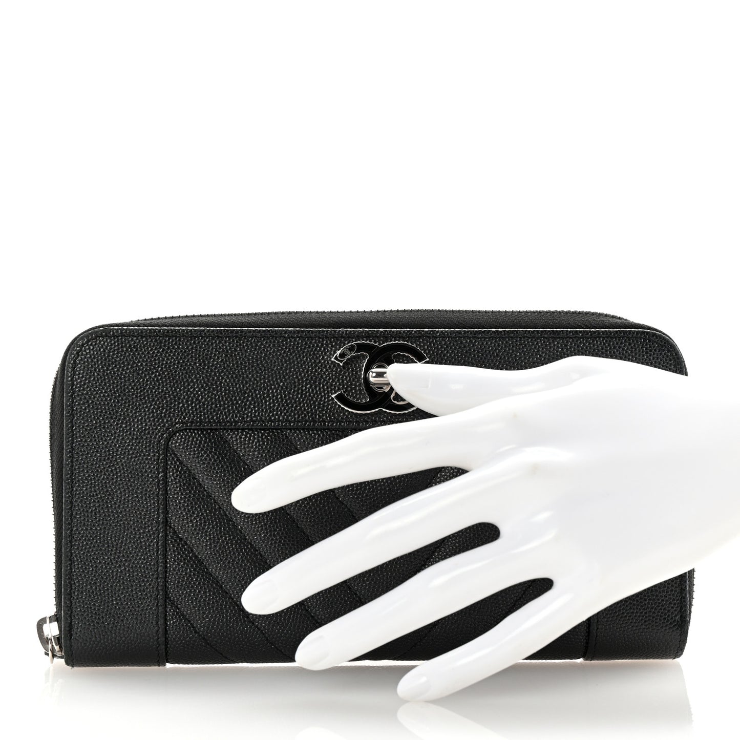 Caviar Sheepskin Chevron Quilted Mademoiselle Vintage Zip Around Wallet Black
