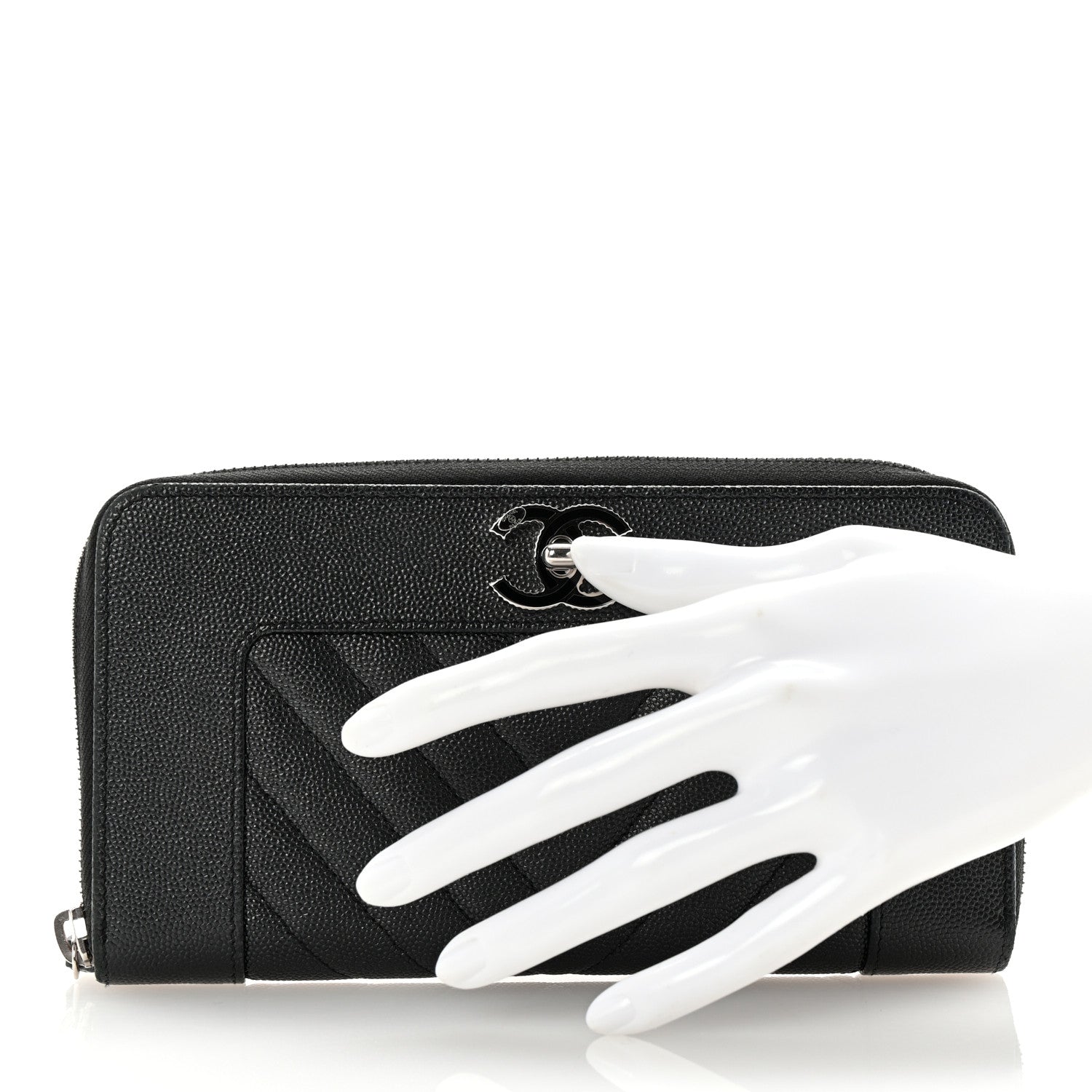 Chanel Caviar Sheepskin Chevron Quilted Mademoiselle Vintage Zip Around Wallet Black 2 of 8