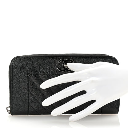 Chanel Caviar Sheepskin Chevron Quilted Mademoiselle Vintage Zip Around Wallet Black 2 of 8