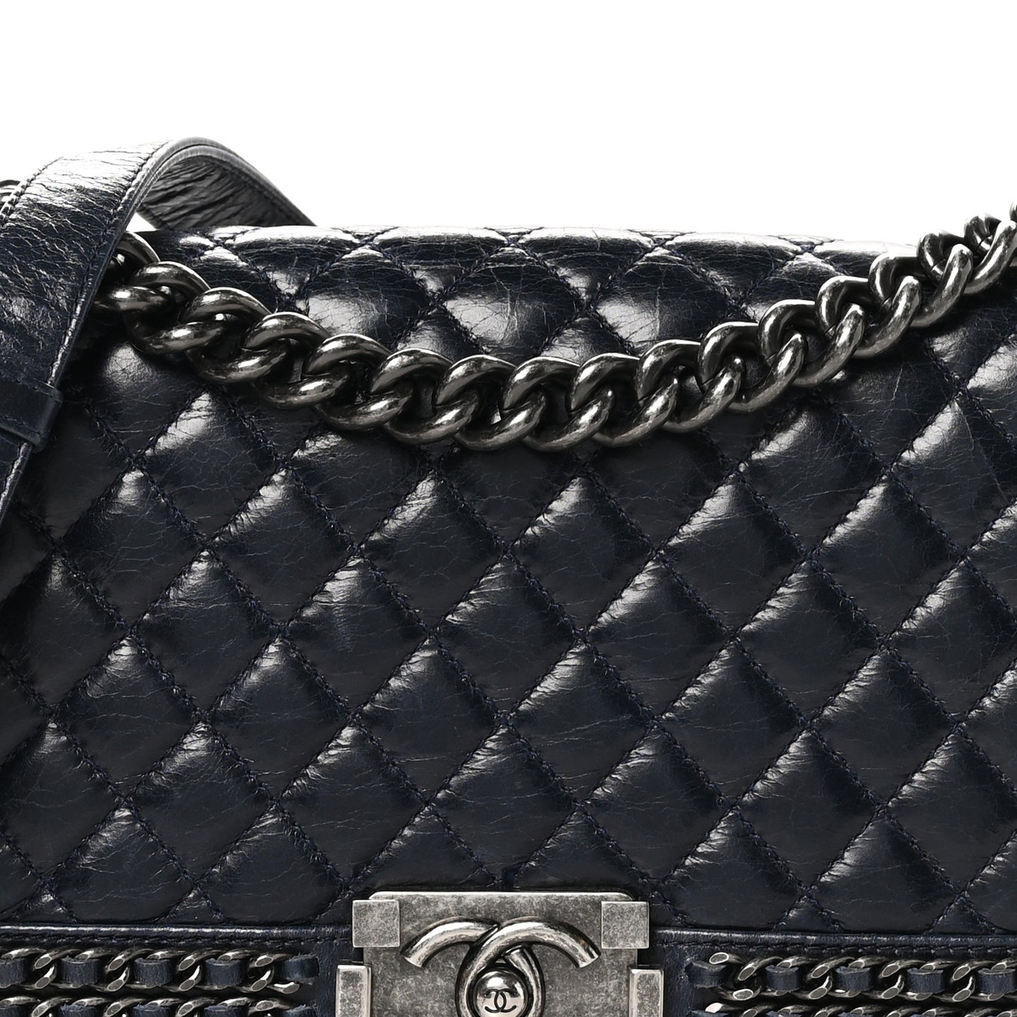 Glazed Calfskin Quilted Medium Boy Chained Flap Blue