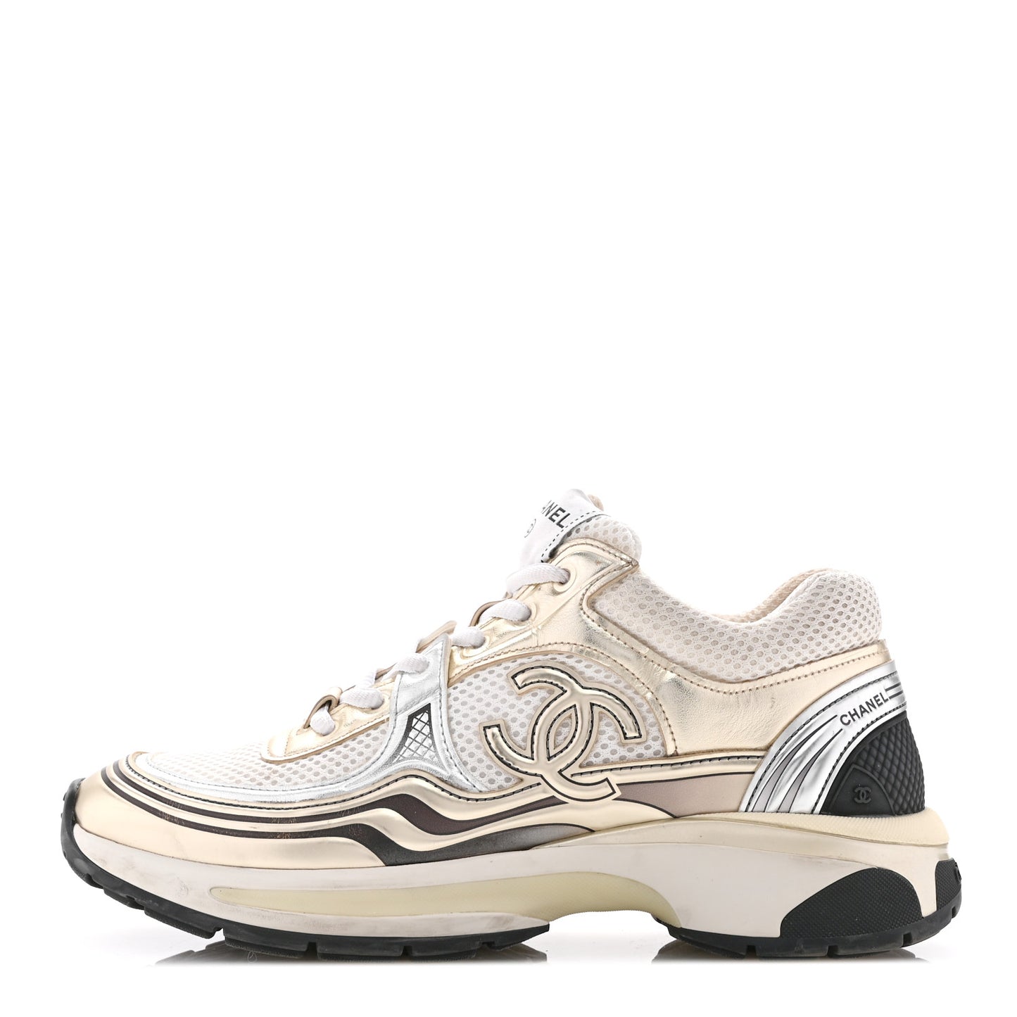 Fabric Laminated Calfskin Stretch CC Womens Sneakers 38.5 White Gold