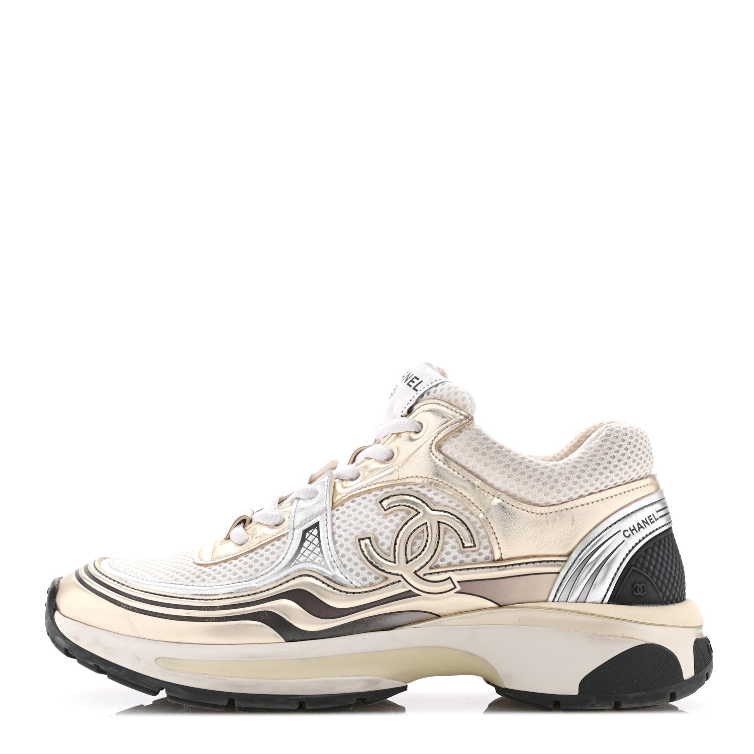 Chanel Fabric Laminated Calfskin Stretch CC Womens Sneakers 38.5 White Gold 1 of 13