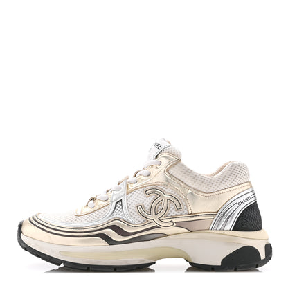 Chanel Fabric Laminated Calfskin Stretch CC Womens Sneakers 38.5 White Gold 1 of 13