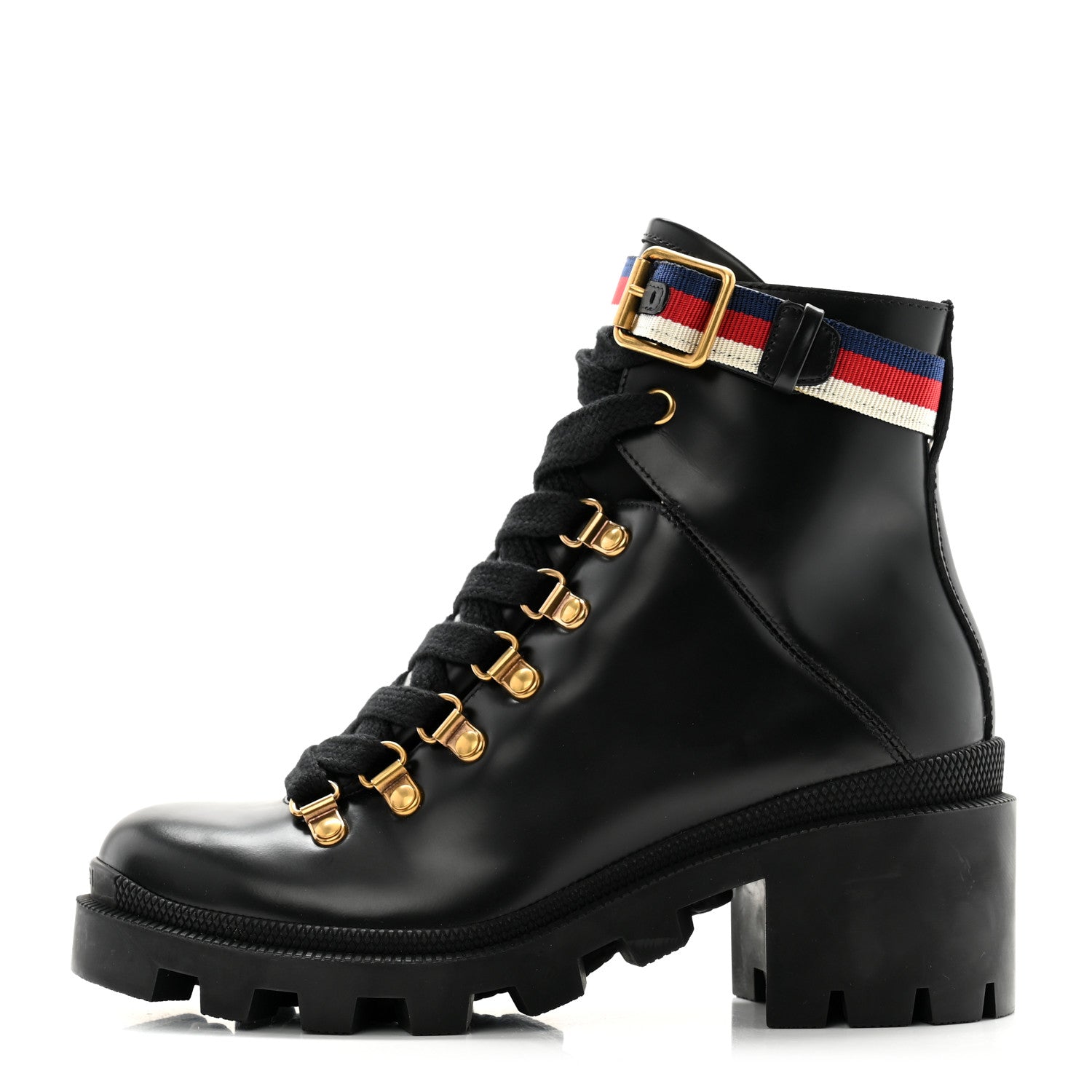 Gucci Calfskin Sylvie Web Lace Up Combat Boots 35.5 Black 1 of 11