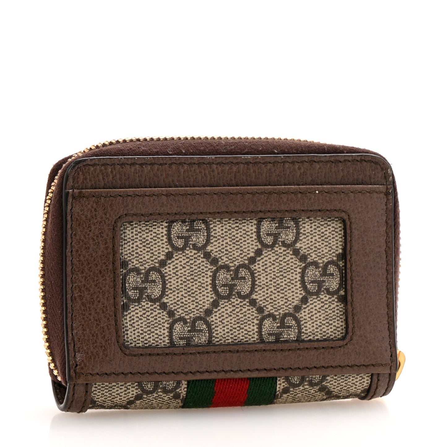 GG Supreme Monogram Textured Dollar Calfskin Web Ophidia Zip Around Card Case Wallet Beige Ebony New Acero
