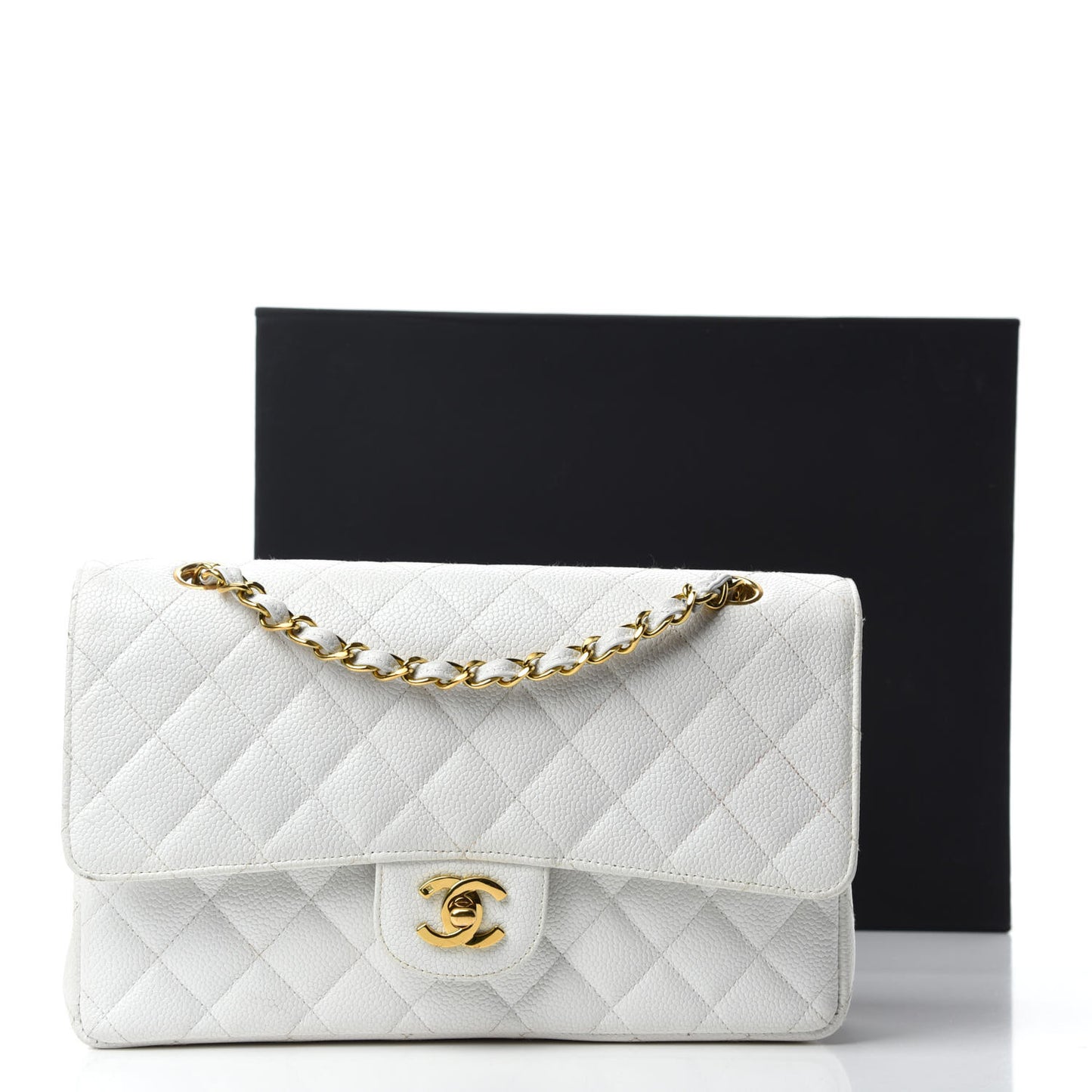 Caviar Quilted Medium Double Flap White