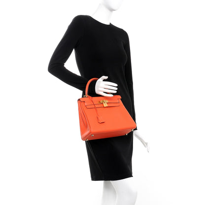 Hermes Taurillon Clemence Kelly Retourne 28 Orange Poppy 2 of 34