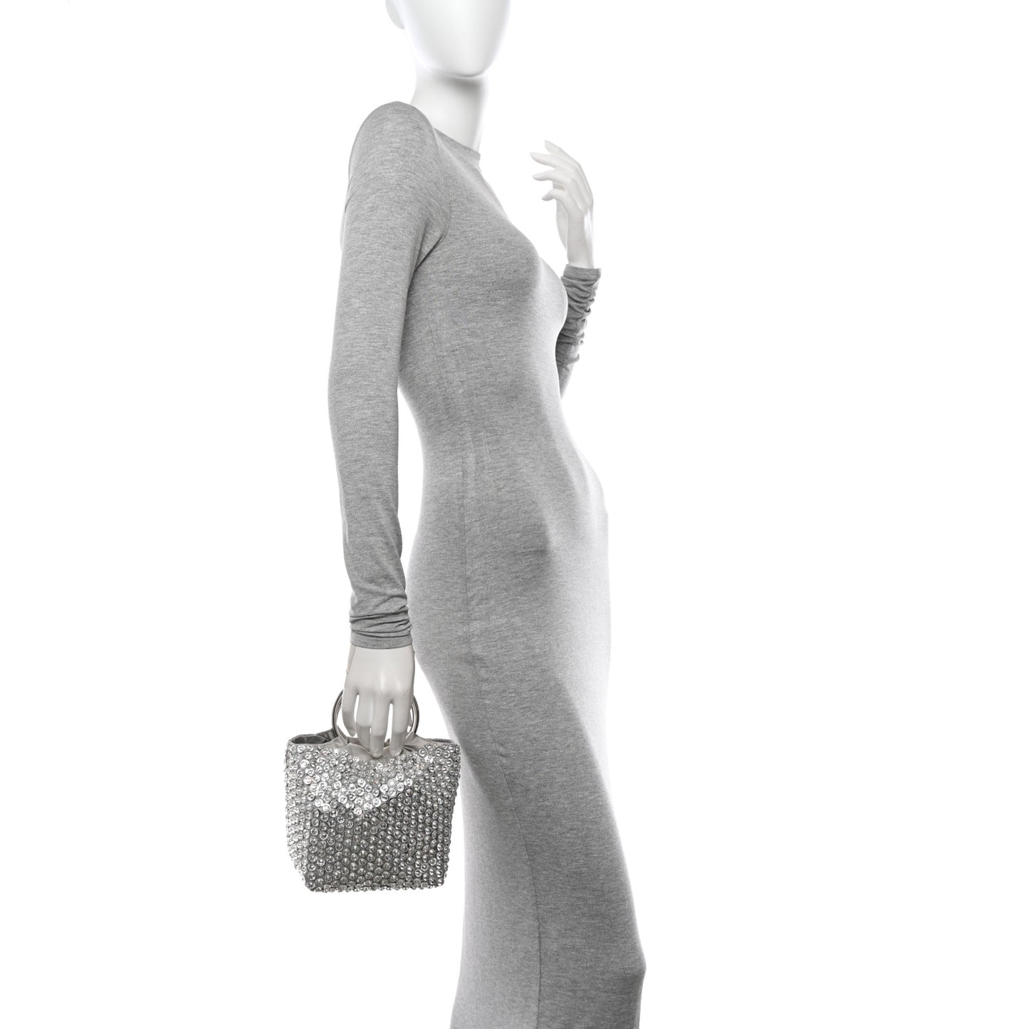 Satin Rhinestone Embellished Small Carry Secrets Bucket Bag Silver
