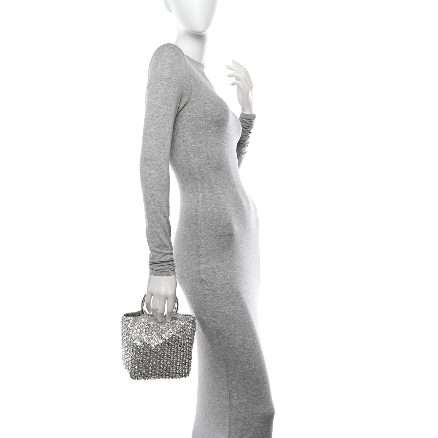 Valentino Garavani Satin Rhinestone Embellished Small Carry Secrets Bucket Bag Silver 2 of 10