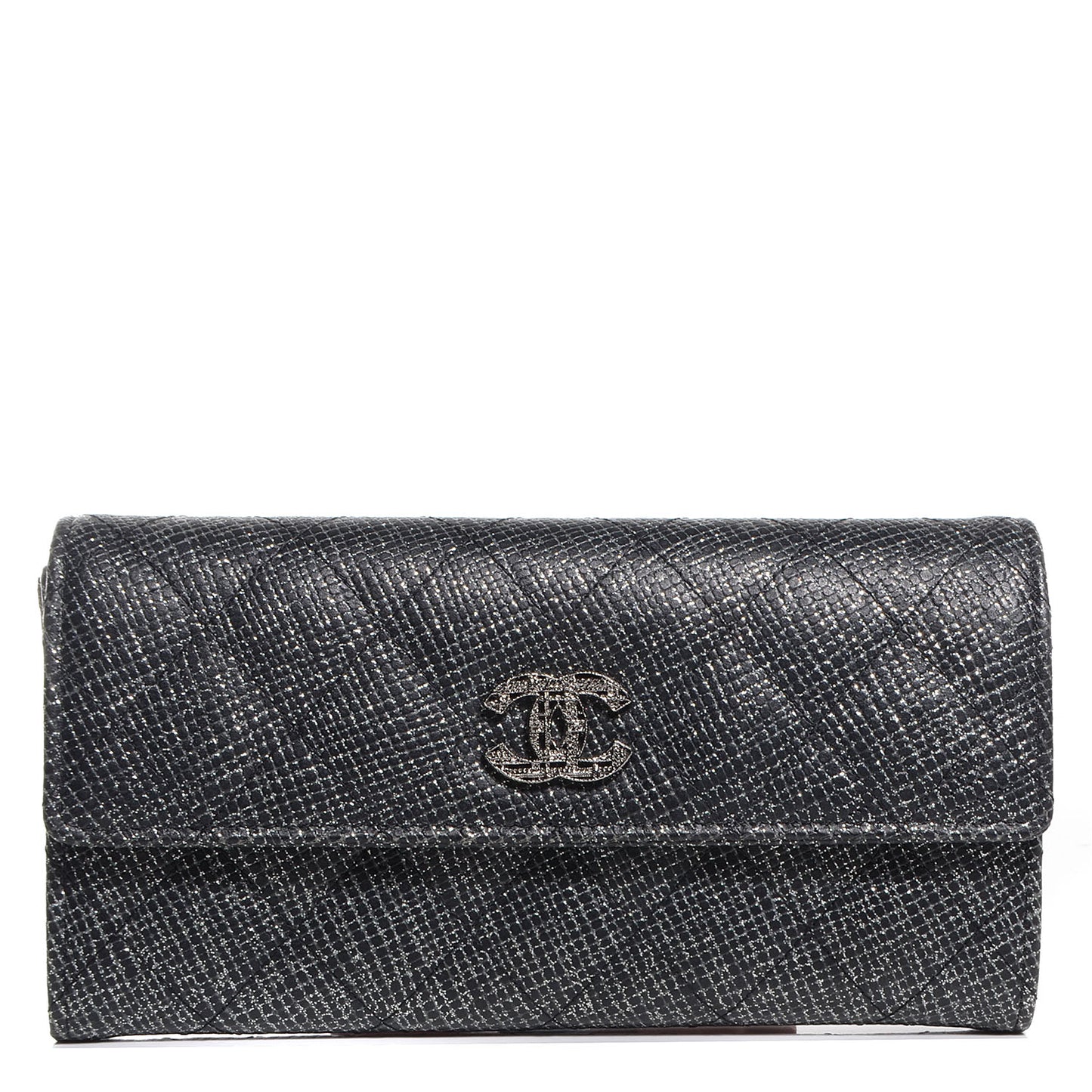 Glittered Calfskin Quilted Long Flap Wallet Black