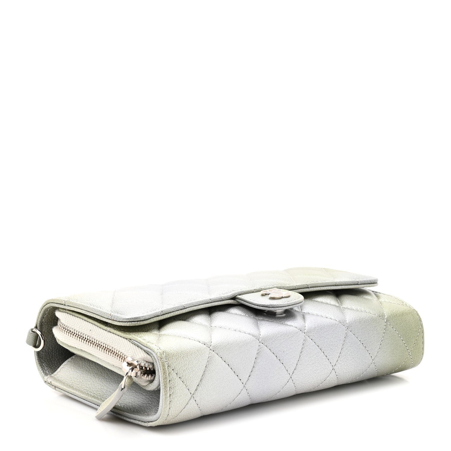 Chanel Metallic Goatskin Quilted Ombre Phone Holder Wallet on Removable Chain Grey Green 5 of 13