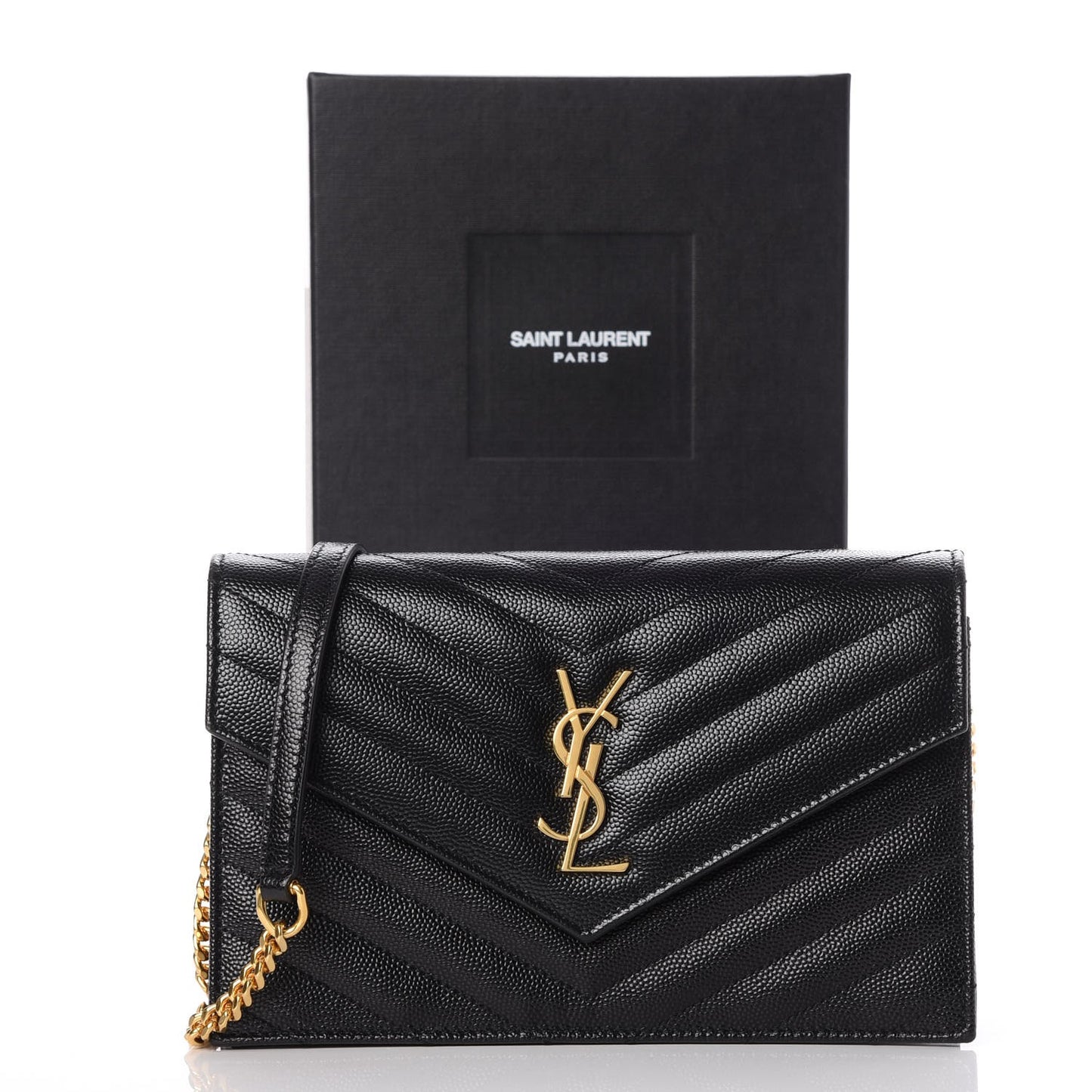Grain De Poudre Matelasse Chevron Monogram Envelope Chain Wallet Black