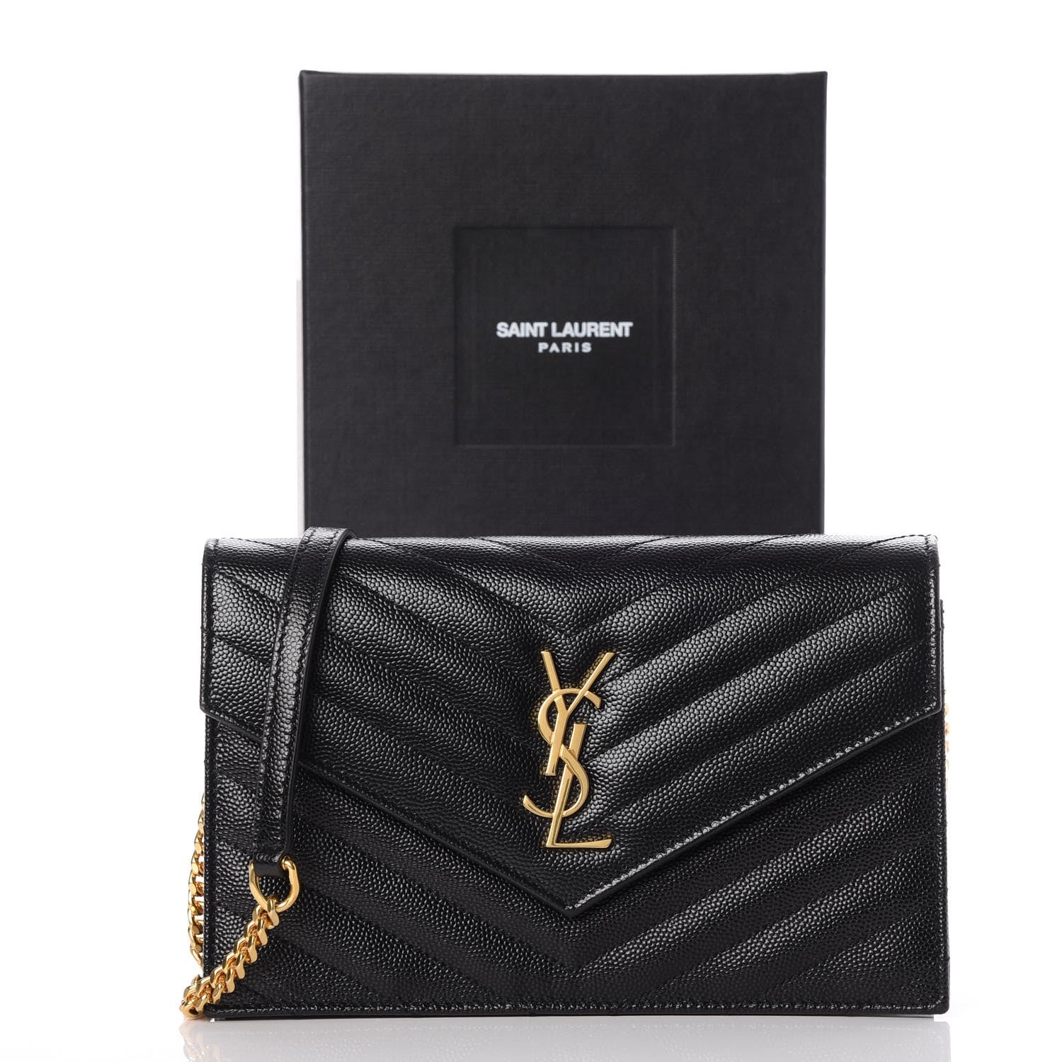 Saint Laurent Grain De Poudre Matelasse Chevron Monogram Envelope Chain Wallet Black 8 of 8