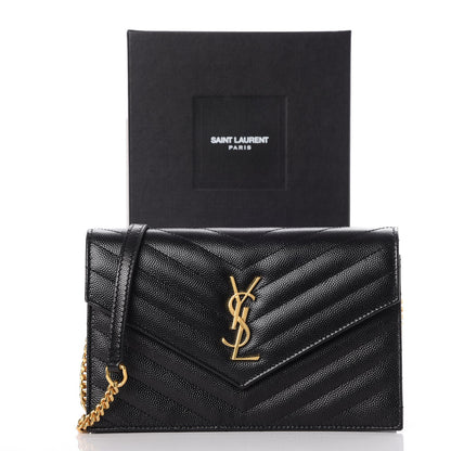 Saint Laurent Grain De Poudre Matelasse Chevron Monogram Envelope Chain Wallet Black 8 of 8
